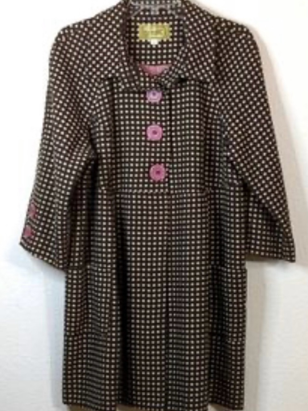 Retro Checked Brown Trench Coat with Pink Button Accents